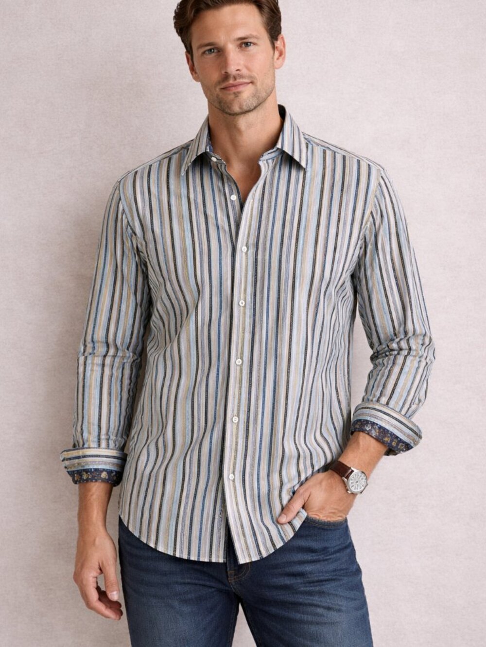 Robert Graham Men's Silk Blend Button Up Shirt Striped Blue Green M Designer Y2k
